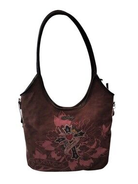 Ed Hardy Brown Suede Pink Floral Rhinestone Cross Beyonce Hobo Satchel Bag